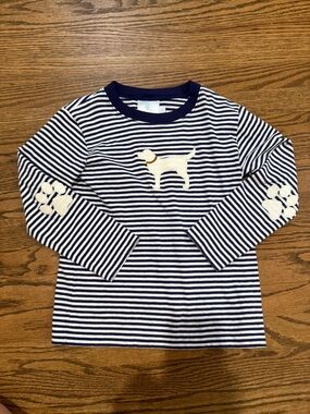Little English Navy & White Striped Long Sleeve Tee with White Dog Appliqué